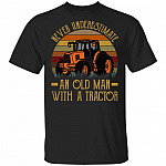 Never Underestimate An Old Man With A Tractor Vintage Retro T-Shirt - Funny Tractor Gifts For Men, Black, Unisex T-Shirt