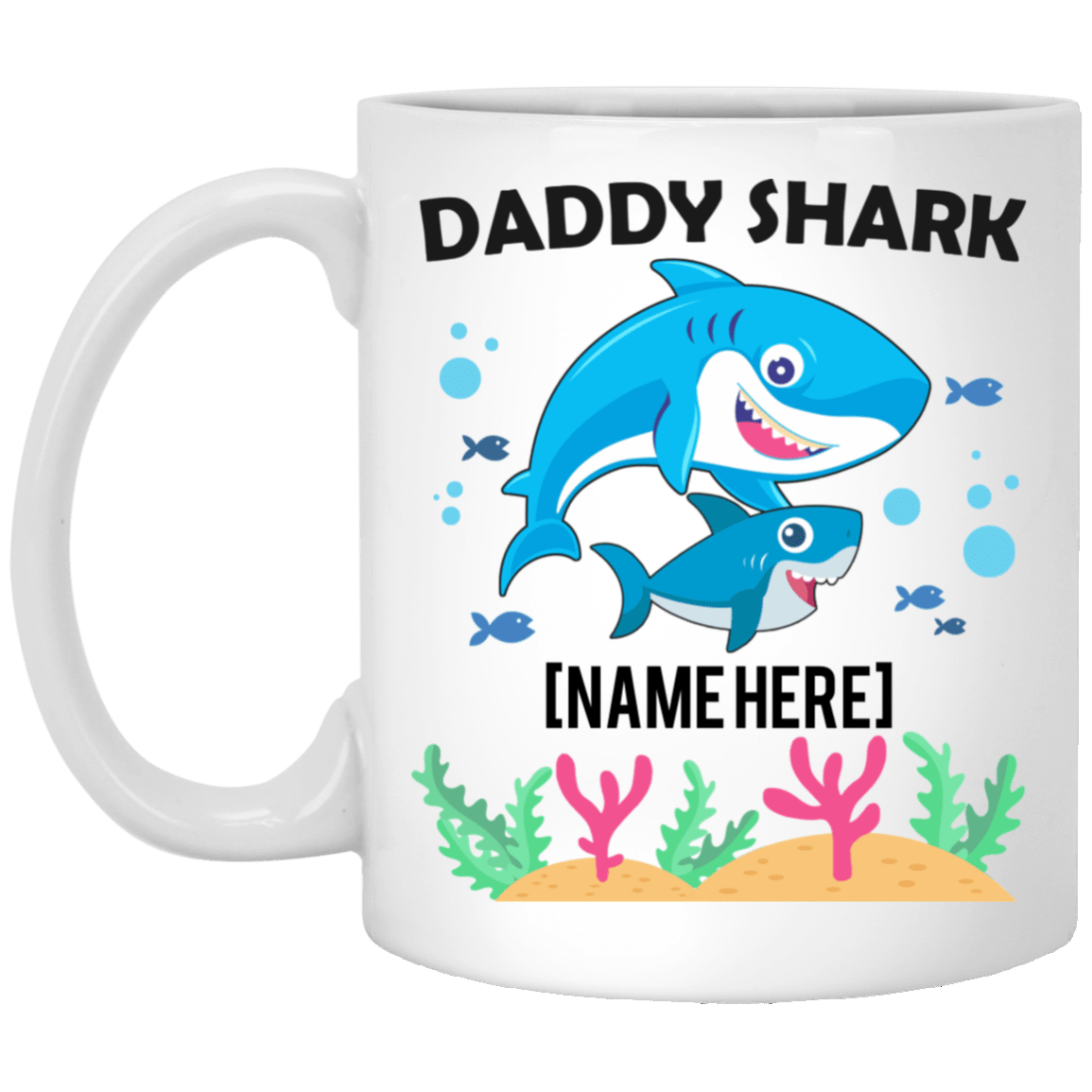 Personalized Daddy Shark With 1 Kid Ceramic Coffee Mug - Beer Stein - Water Bottle - Dad Shark Gifts, White, 11 oz. White Mug
