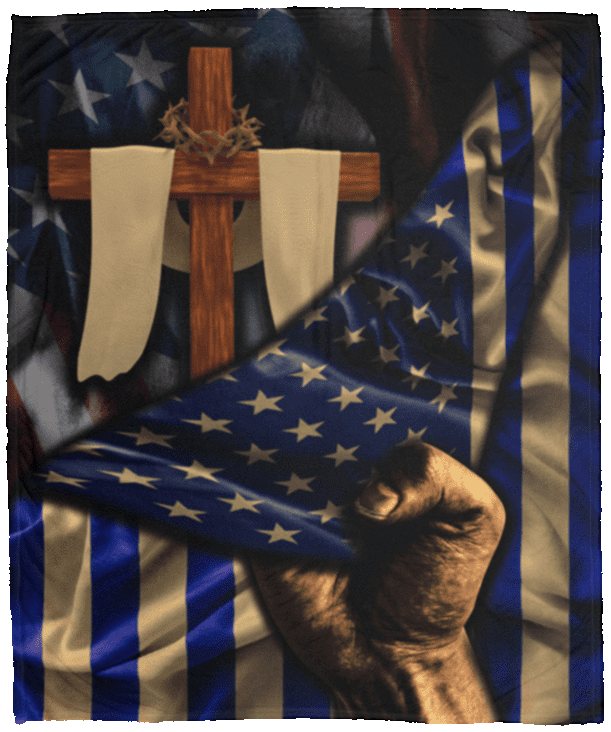 Christian Cross American Flag Fleece Blanket - Premium Sherpa Blanket - Woven Blanket, White, Cozy Plush Fleece Blanket - 50x60