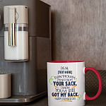 Even Though I'm Not From Your Sack Personalized Accent Mug - I Know You've Still Got My Back Happy Father's Day Customized Colored Mug-1-mockup-of-an-11-oz-coffee-mug-with-a-colored-rim-placed-next-to-an-espresso-machine
