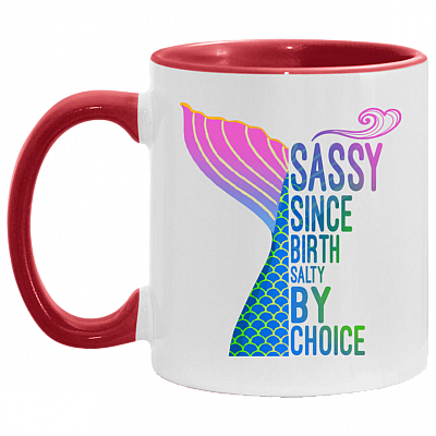 Mer-Maid Sassy Since Birth Salty by Choice Beach Lover Sarcasm Accent Mug, White/Red, 11 oz. Accent Mug