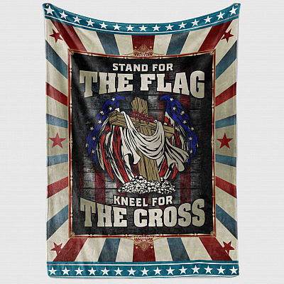 Alternative view of Stand For The Flag Kneel For The Cross American Flag Fleece Blanket - Premium Sherpa Blanket - Woven Blanket