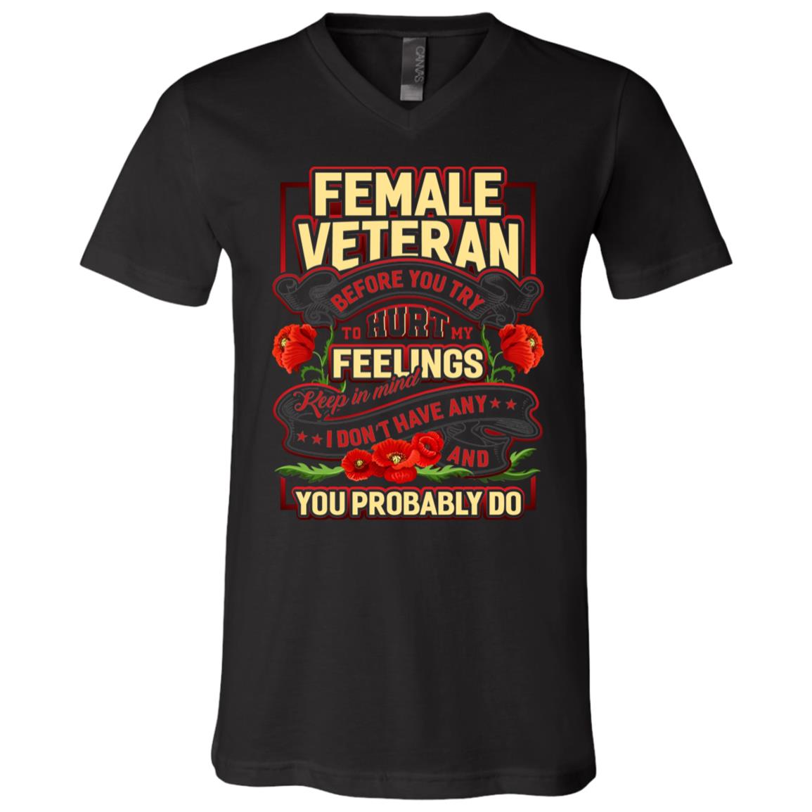 Female Veteran Before You Try To Hurt My Feelings Keep In Mind T-Shirt - V-Neck Tee, Black, V-Neck T-Shirt