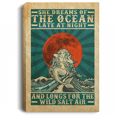 She Dreams Of The Ocean Late At Night Mermaid Framed Canvas Prints - Unframed Poster - Home Decor Wall Art, White, 0.75'' Framed Canvas