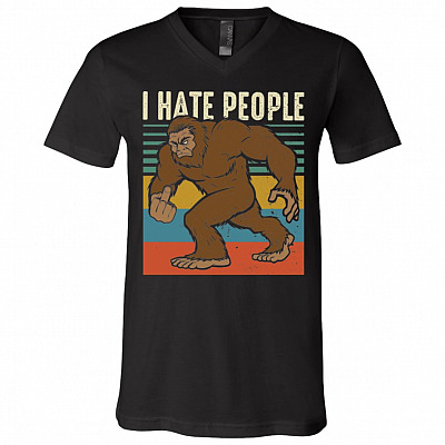 I Hate People Bigfoot Middle Finger T-Shirt - V-Neck Shirt, Black, V-Neck T-Shirt