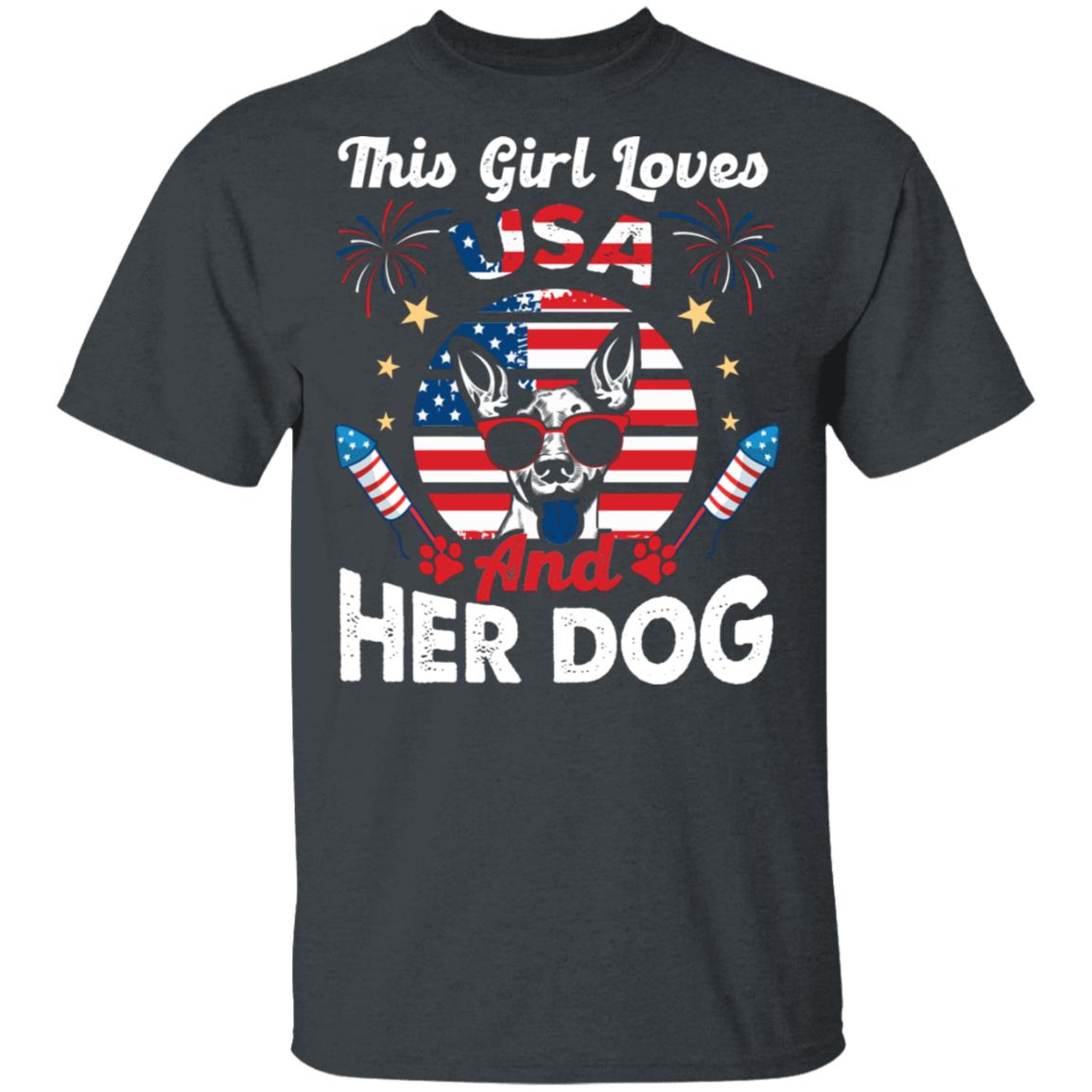 This Girl Loves USA and Her Dog T-Shirt - V-Neck Tee - Dog 4th of July Shirt, Dark Heather, Unisex T-Shirt