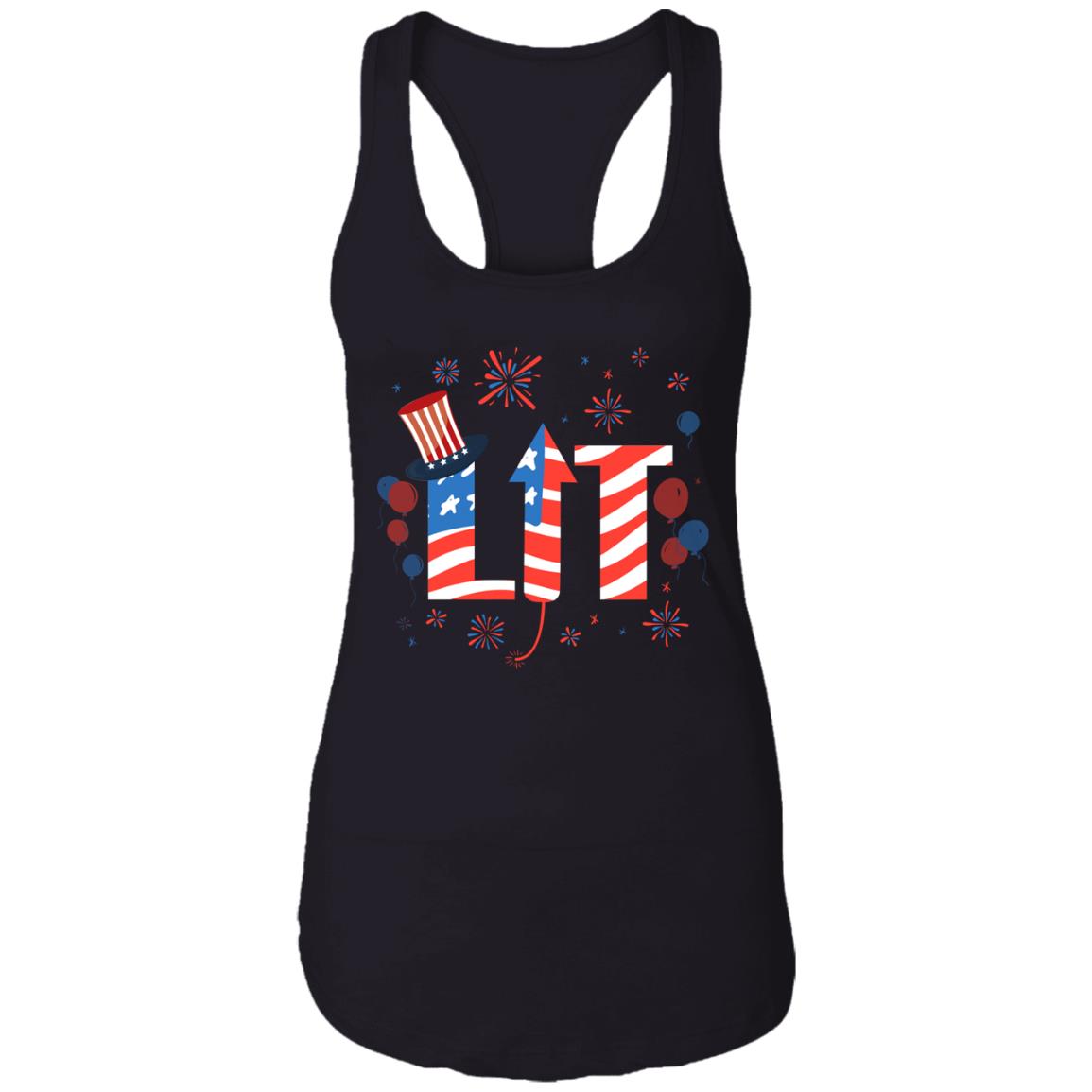 Lit Tank Top Funny 4th Of July Tank Top American Flag Tank Top - Fireworks Firecracker Tank Top, Black, Ladies Racerback Tank