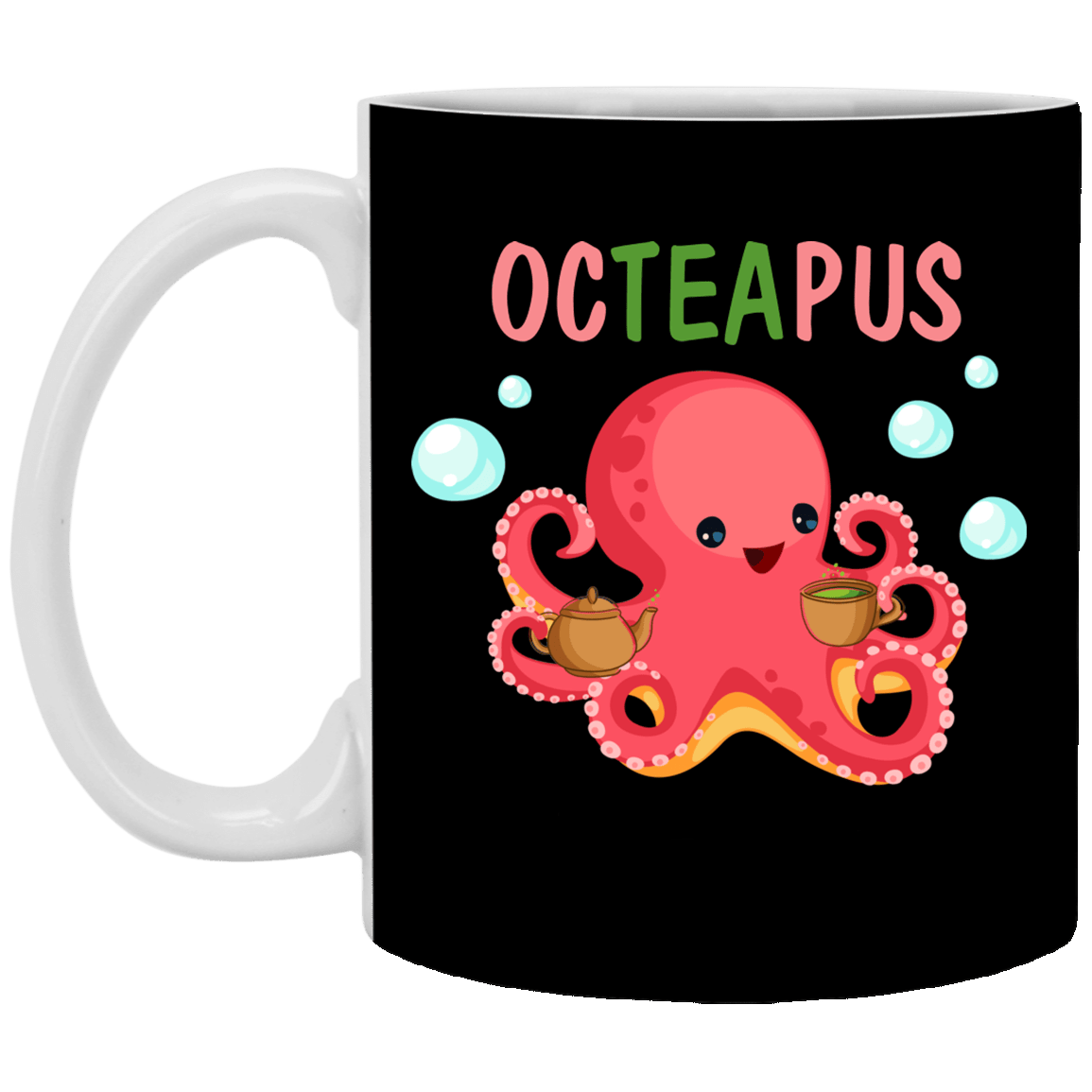 Octeapus Ceramic Coffee Mug - Beer Stein - Water Bottle - Color Changing Mug - Funny Pun Mugs, Black, 11 oz. White Mug