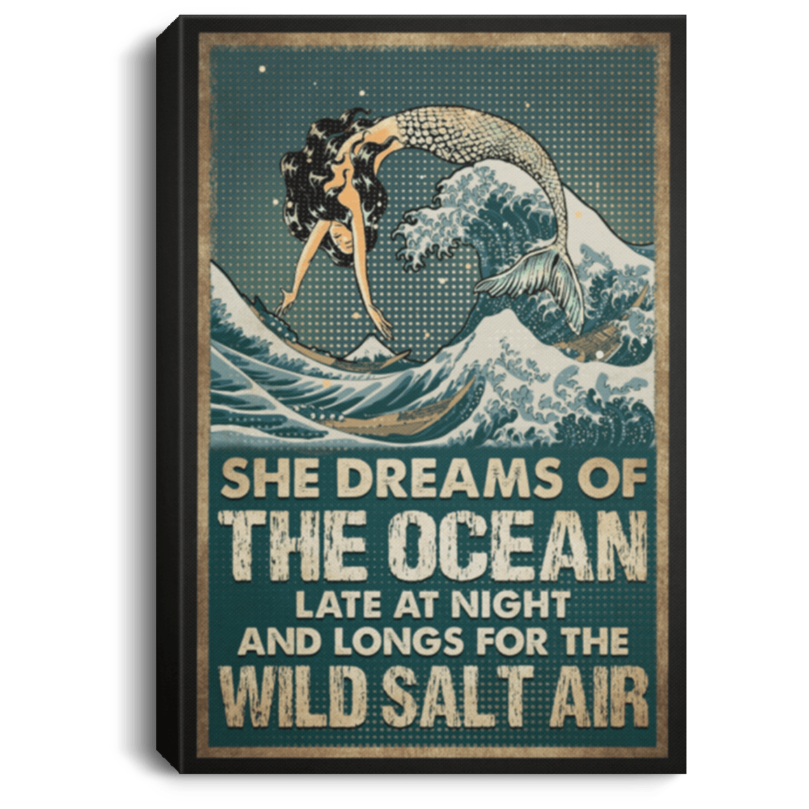 Vintage Mermaid She Dreams of the Ocean Late at Night Framed Canvas - Unframed Poster - Home Decor Wall Art, White, 0.75'' Framed Canvas