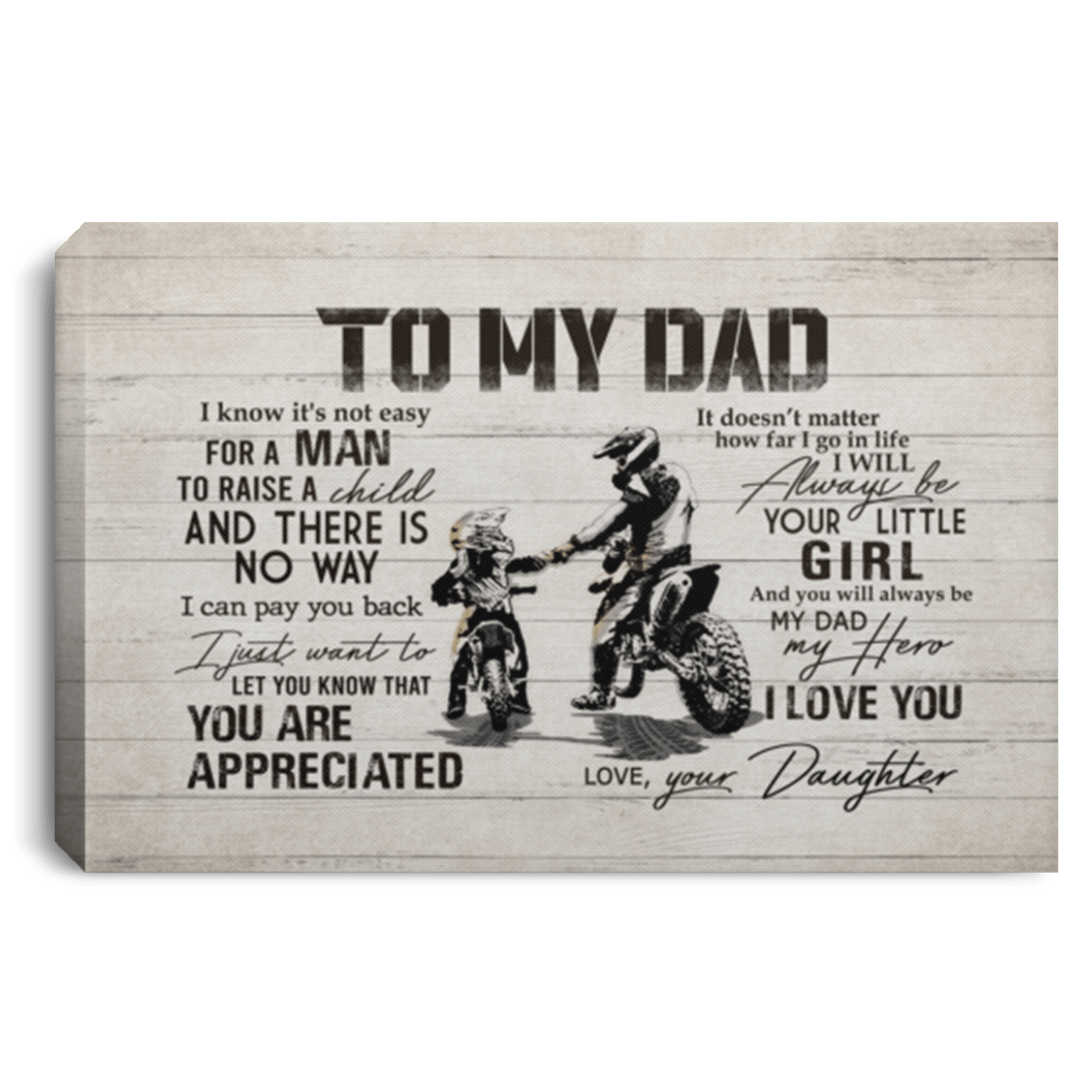 From Daughter To My Dad Not Easy To Raise A Child Dirt Bike Canvas Poster - Father's Day Dirt Bike Wall Art, White, 0.75'' Framed Canvas