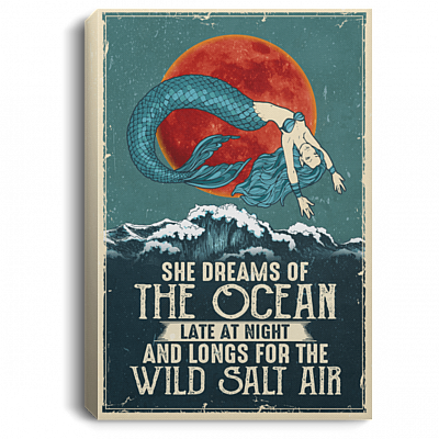 Mermaid She Dreams Of The Ocean Late At Night Canvas Poster - Funny Sarcastic Little Beach Salt Girl Wall Art, White, 0.75'' Framed Canvas