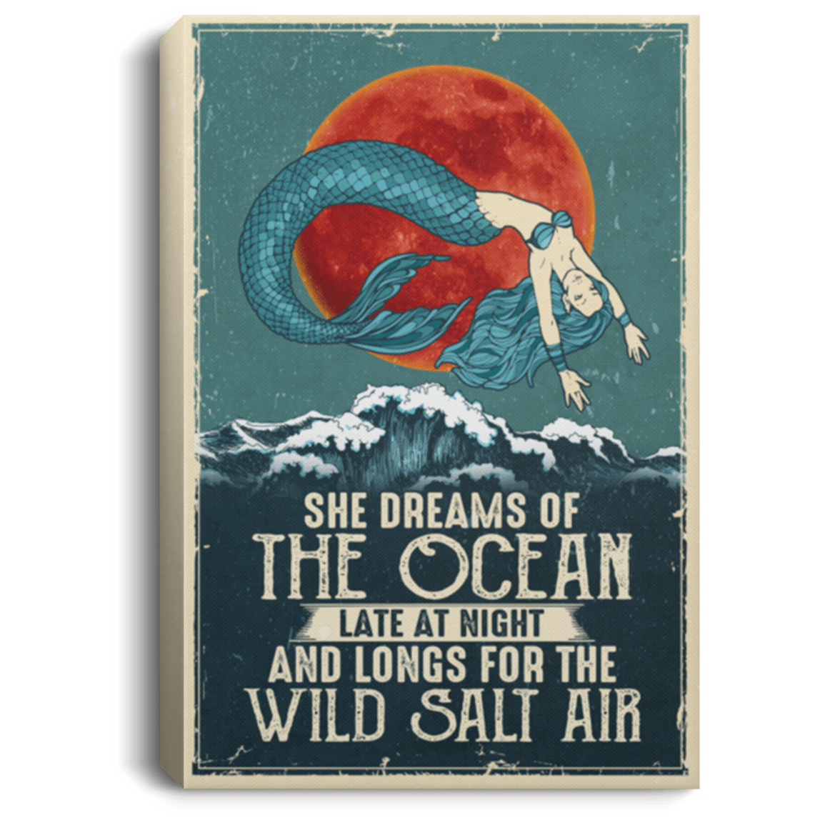 Mermaid She Dreams Of The Ocean Late At Night Canvas Poster - Funny Sarcastic Little Beach Salt Girl Wall Art, White, 0.75'' Framed Canvas