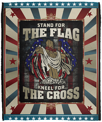 Stand For The Flag Kneel For The Cross American Flag Fleece Blanket - Premium Sherpa Blanket - Woven Blanket, White, Cozy Plush Fleece Blanket - 50x60