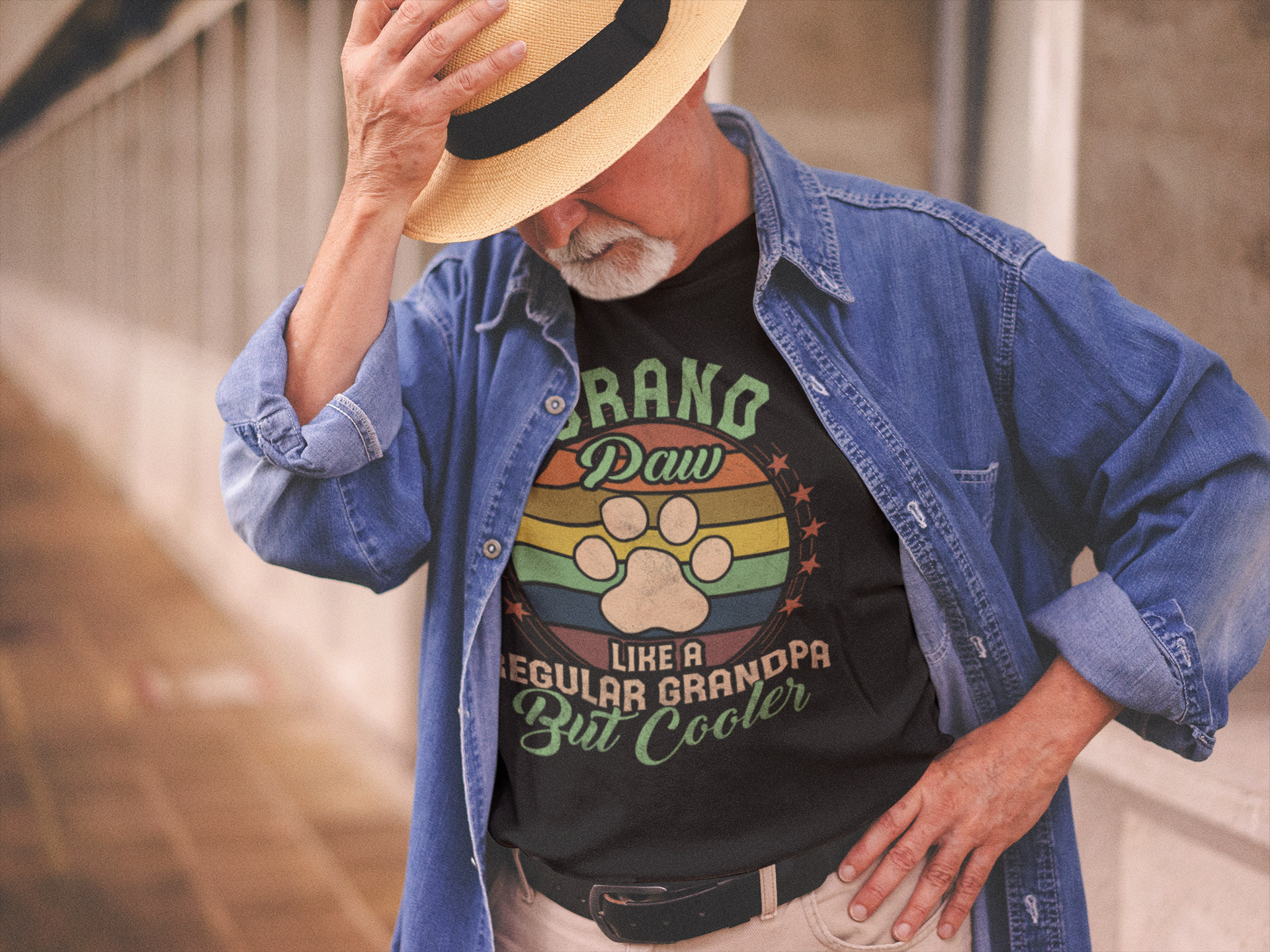 grand-paw-like-a-normal-grandpa-cooler-dog-lover-father's-day-shirt-stylish-white-senior-man-wearing-a-round-neck-tee-mockup-with-a-hat grand-paw-like-a-normal-grandpa-cooler-dog-lover-father's-day-shirt-stylish-white-senior-man-wearing-a-round-neck-tee-mockup-with-a-hat