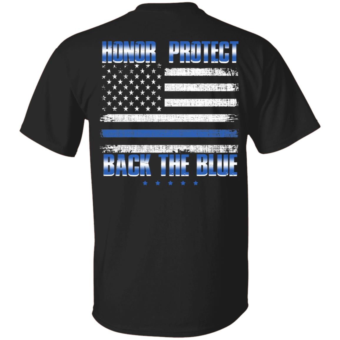 American Flag Honor Protect Back the Blue Print on Back T-Shirt - Blue Lives Matter Back Shirt, Black, Unisex T-Shirt