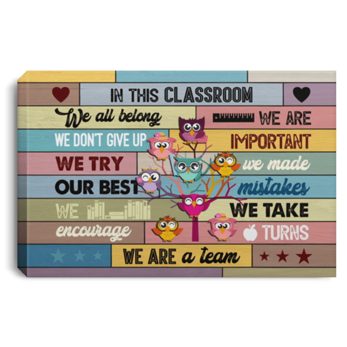 Owls In This Classroom Books Tree Kindergarten Rainbow Owl Canvas Poster - Funny Owl Bookworm Decor Wall Art, White, 0.75'' Framed Canvas