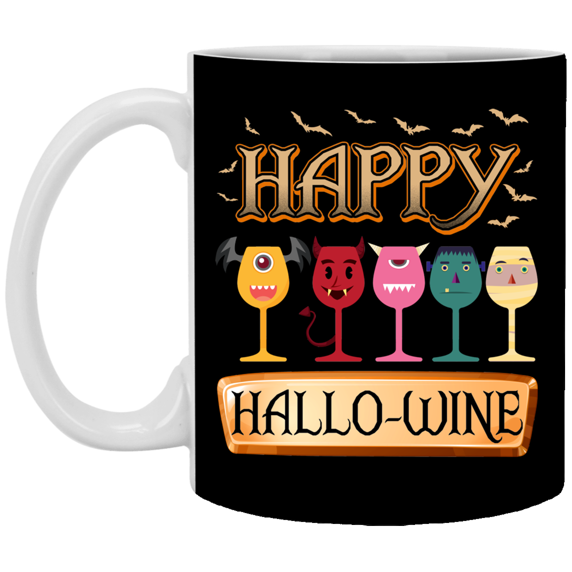 Happy Hallo-wine Funny Halloween Wine Ceramic Coffee Mug - Beer Stein, Black, 11 oz. White Mug