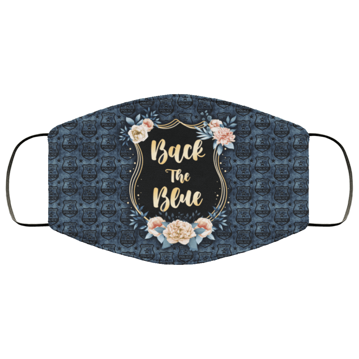 Back The Blue Floral Police Badge Washable Reusable Custom – Printed Cloth Face Mask Cover, White, Cloth Face Mask