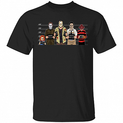 Halloween Suspects Michael Myers Chucky Freddy Krueger Leatherface Jason Voorhees Shirt - Horror Movie Shirt, Black, Unisex T-Shirt