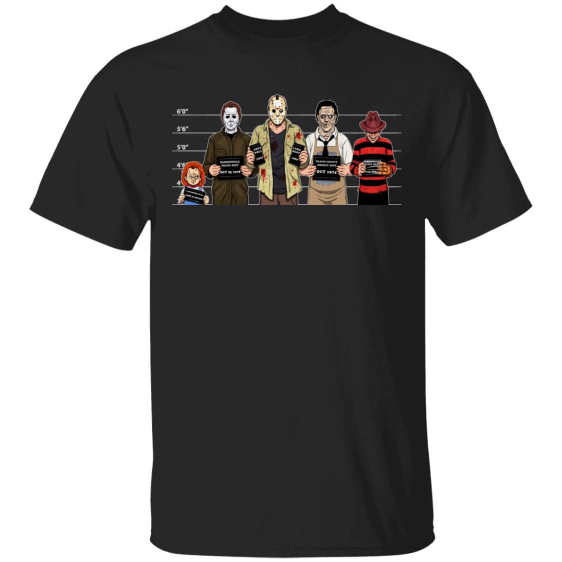 Halloween Suspects Michael Myers Chucky Freddy Krueger Leatherface Jason Voorhees Shirt - Horror Movie Shirt, Black, Unisex T-Shirt