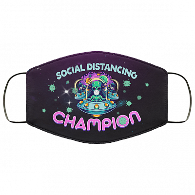 Alien Head Face on UFO Saying Social Distance Champion Washable Reusable Custom – Printed Cloth Face Mask Cover, White, Cloth Face Mask
