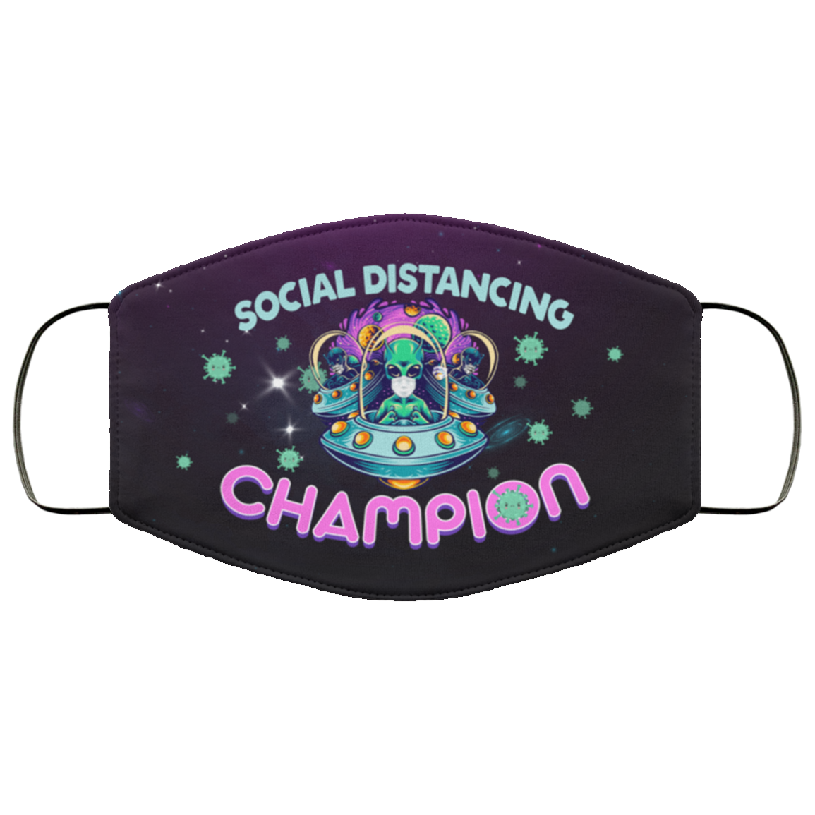 Alien Head Face on UFO Saying Social Distance Champion Washable Reusable Custom – Printed Cloth Face Mask Cover, White, Cloth Face Mask