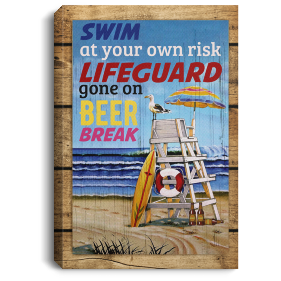 Swim At Your Own Risk Lifeguard Gone On Beer Break Framed Canvas Print - Unframed Poster, White, 0.75'' Framed Canvas