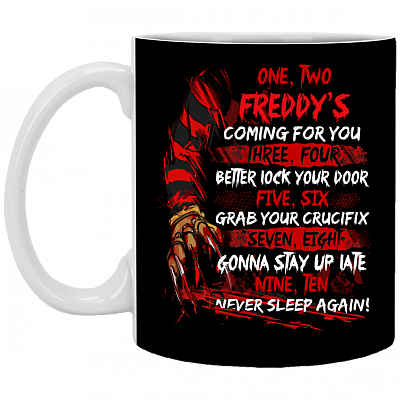 One Two Freddy's Coming For You Three Four Better Lock Your Door Horror Characters Gift Ceramic Coffee Mug, Black, 11 oz. White Mug