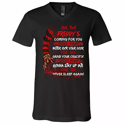 One Two Freddy's Coming to You Three Four Better Lock Your Door Horror Characters Gift T-Shirt - V Neck, Black, V-Neck T-Shirt