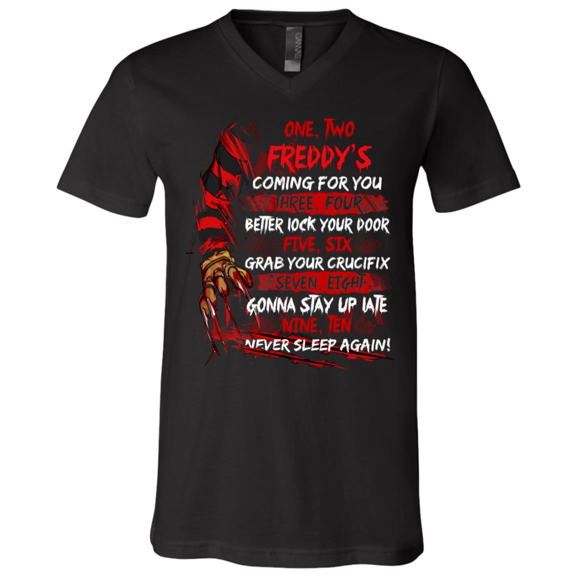 One Two Freddy's Coming to You Three Four Better Lock Your Door Horror Characters Gift T-Shirt - V Neck, Black, V-Neck T-Shirt