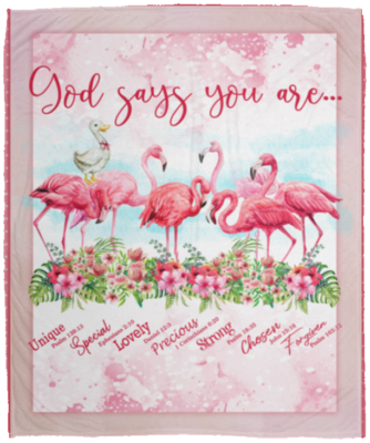 God Says You Are - Flamingo Blanket - Bible Verse Fleece Blanket - Sherpa Blanket - Woven Blanket, White, Cozy Plush Fleece Blanket - 50x60