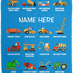 Personalized Kids Name Construction Vehicles Fleece Blanket - Premium Sherpa Blanket - Woven Blanket, White, Cozy Plush Fleece Blanket - 50x60