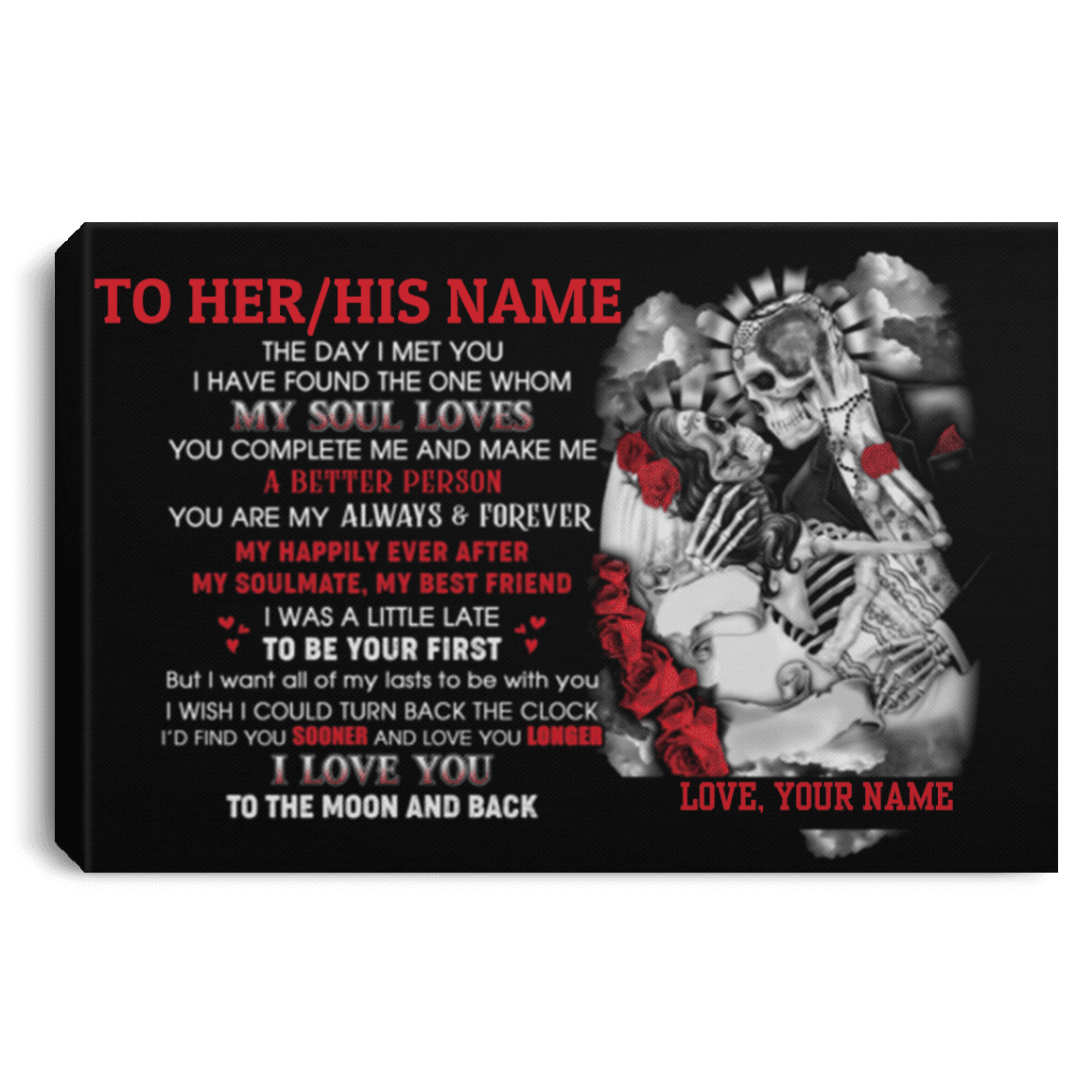 I Love You To The Moon And Back Skull Couple Personalized Canvas Prints With Name Unframed Poster Home Decor, White, 0.75'' Framed Canvas
