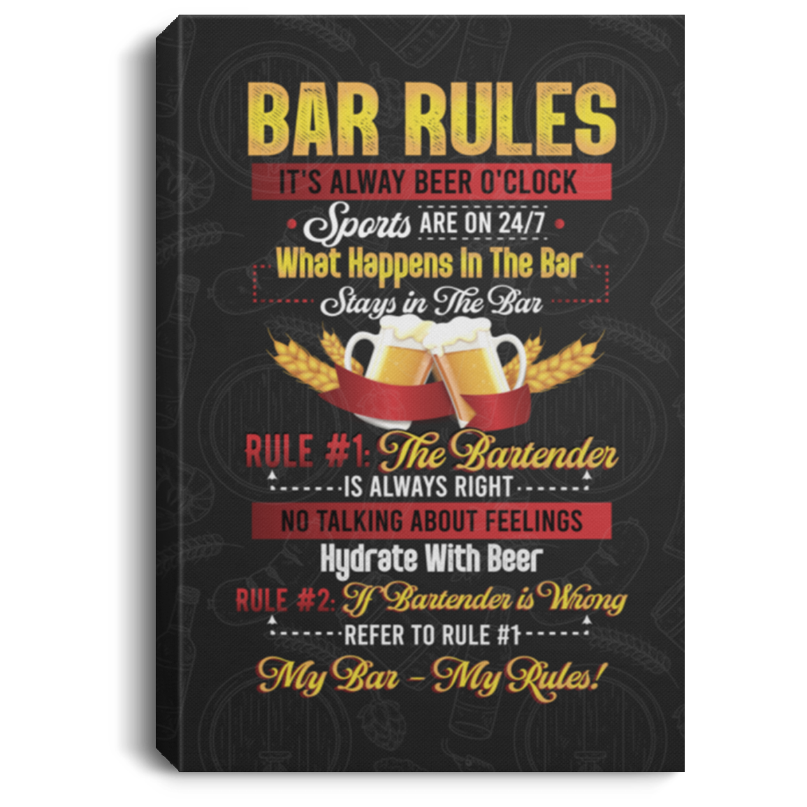 Bar Rules Sign It's Alway Beer O'clock Bar Home Kitchen Wrapped Framed Canvas Prints - Unframed Poster, White, 0.75'' Framed Canvas
