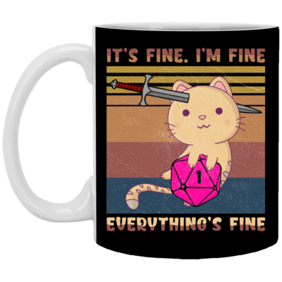 Dungeon Meowster It's Fine I'm Fine Everything Fine D&D Vintage Retro Coffee Mug - Beer Stein - Water Bottle, Black, 11 oz. White Mug