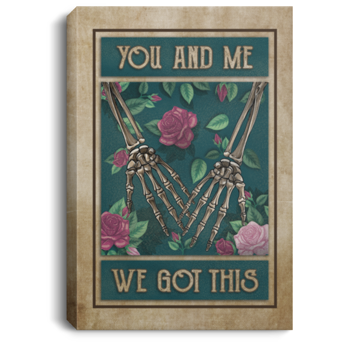 You And Me We Got This Floral Skulls Couple Hand In Hand Framed Canvas Unframed Poster Home Decor Wall Art, White, 0.75'' Framed Canvas