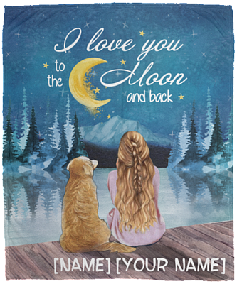 Personalized I Love You to the Moon and Back Golder Retriever Dog Lovers Fleece Blanket - Mink Sherpa Blanket, White, Cozy Plush Fleece Blanket - 50x60