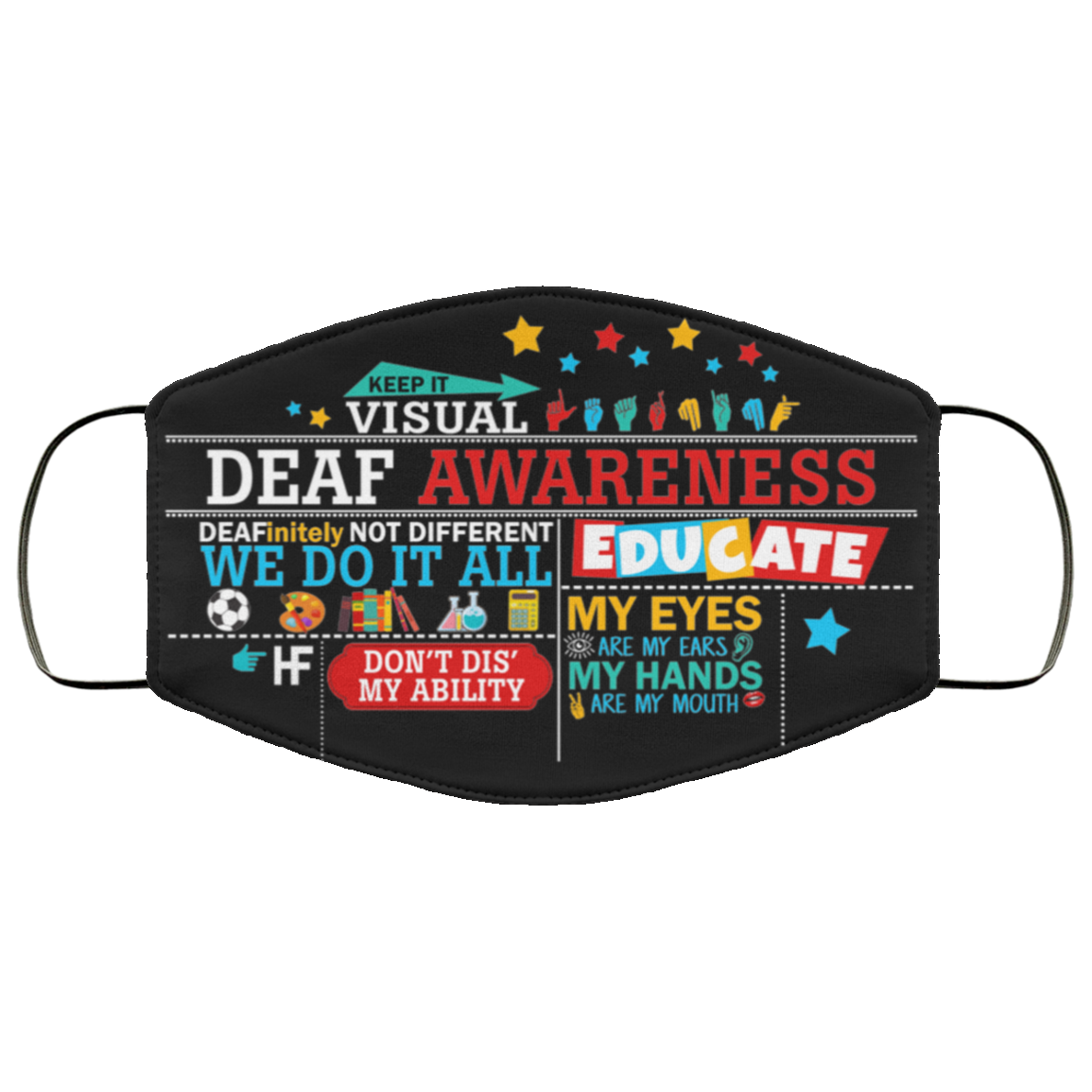 Deaf Awareness Washable Reusable Custom – Printed Cloth Face Mask Cover, Black, Cloth Face Cover