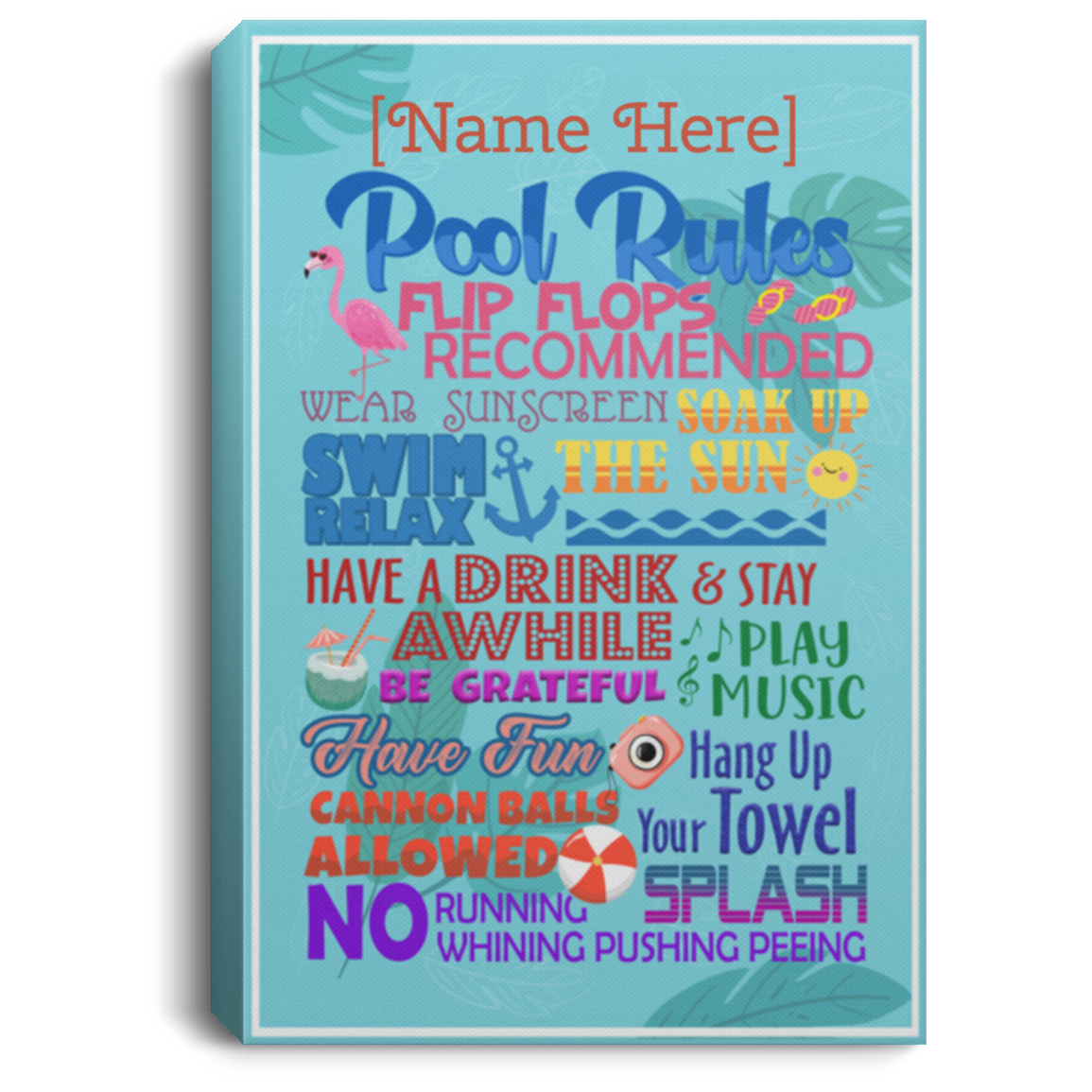 Personalized Pool Rules Flip Flops Recommended Wear Sunscreen Wrapped Framed Canvas Prints – Unframed Poster, White, 0.75'' Framed Canvas