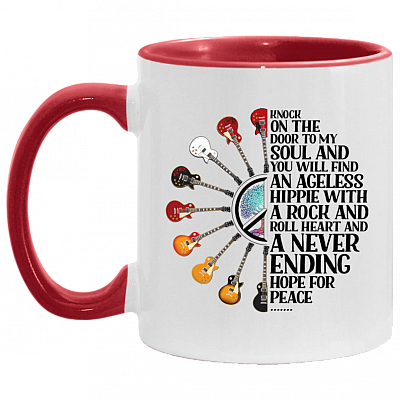 Knock On The Door To My Soul And You Will Find An Ageless Hippie Accent Mug, White/Red, 11 oz. Accent Mug