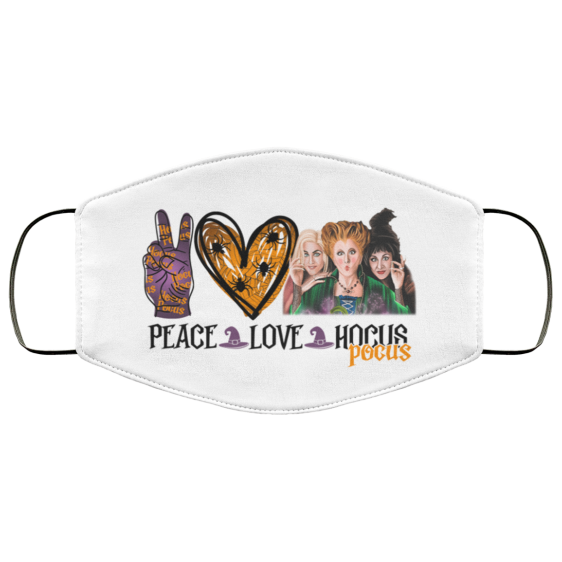 Peace Love Three Witches Hocus Pocus Halloween Washable Reusable Custom Printed Cloth Face Mask Cover, White, Cloth Face Cover