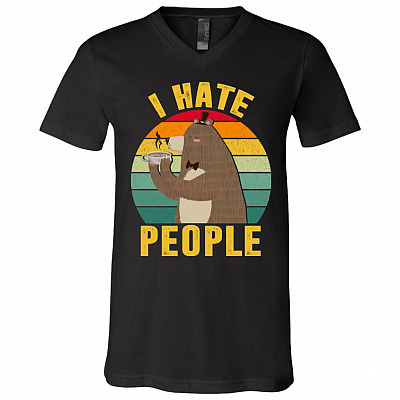 Vintage I Hate People Bear Drinking Coffee Shirt - V-Neck Shirt - Funny Sarcastic Introvert Shirt, Black, V-Neck T-Shirt