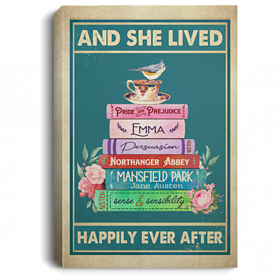 And She Lived Happily Ever After Book Lover Framed Canvas Prints - Unframed Poster - Home Decor Wall Art, White, 0.75'' Framed Canvas