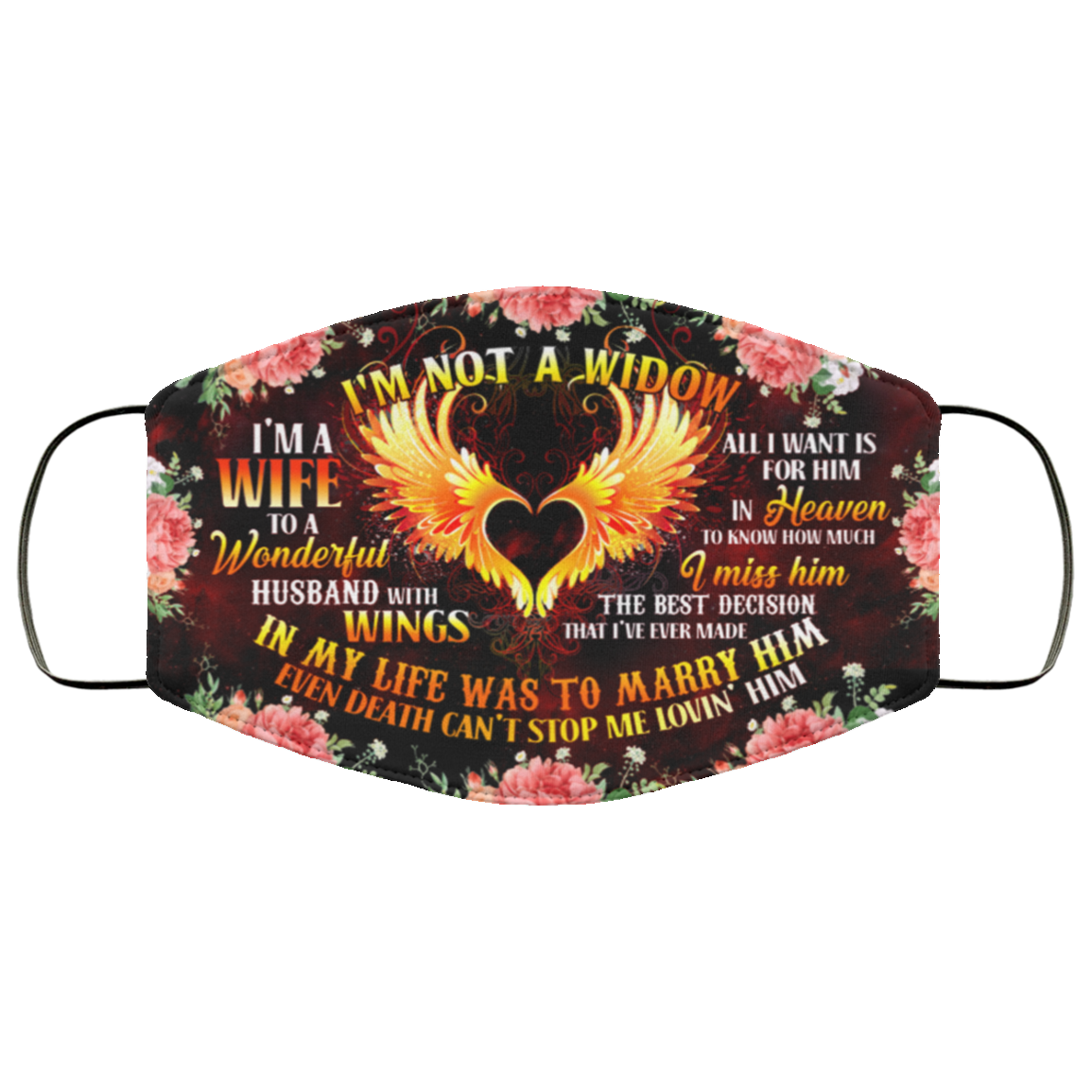 I'm Not a Widow I'm a Wife to a Wonderful Husband with Wings Washable Reusable Custom - Printed Cloth Face Mask Cover, Black, Cloth Face Cover