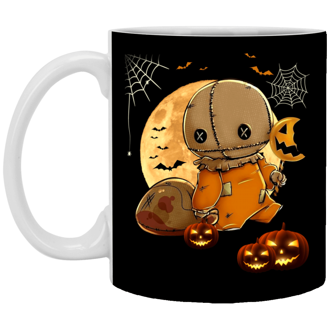 Trick R Treat Sam Coffee Mug - Beer Stein - Water Bottle - Color Changing Mug - Halloween Mug, Black, 11 oz. White Mug