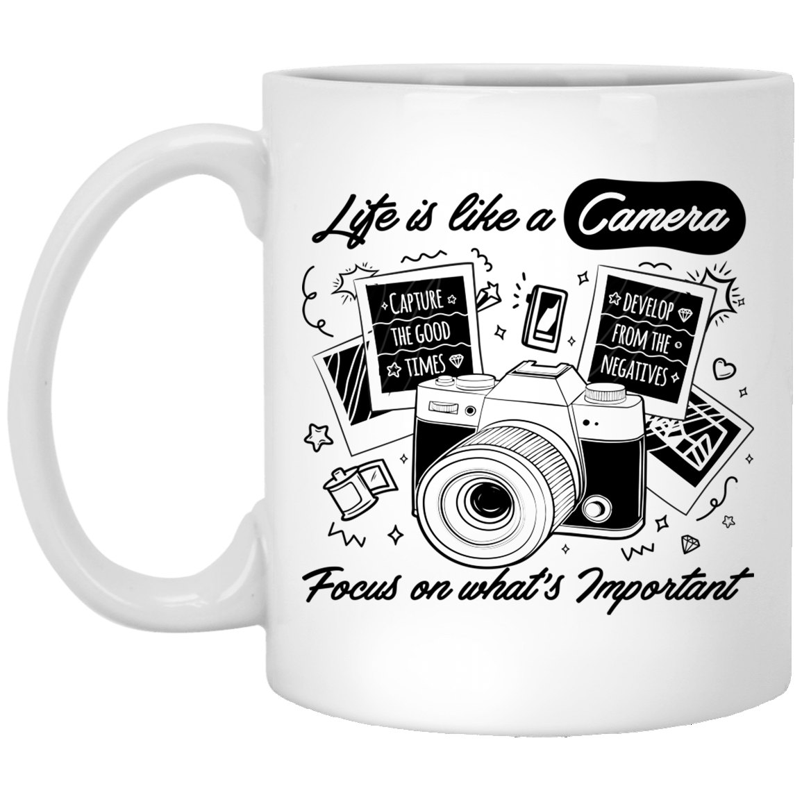 Life Is Like A Camera Focus On What's Important Ceramic Coffee Mug - Beer Stein - Water Bottle, White, 11 oz. White Mug