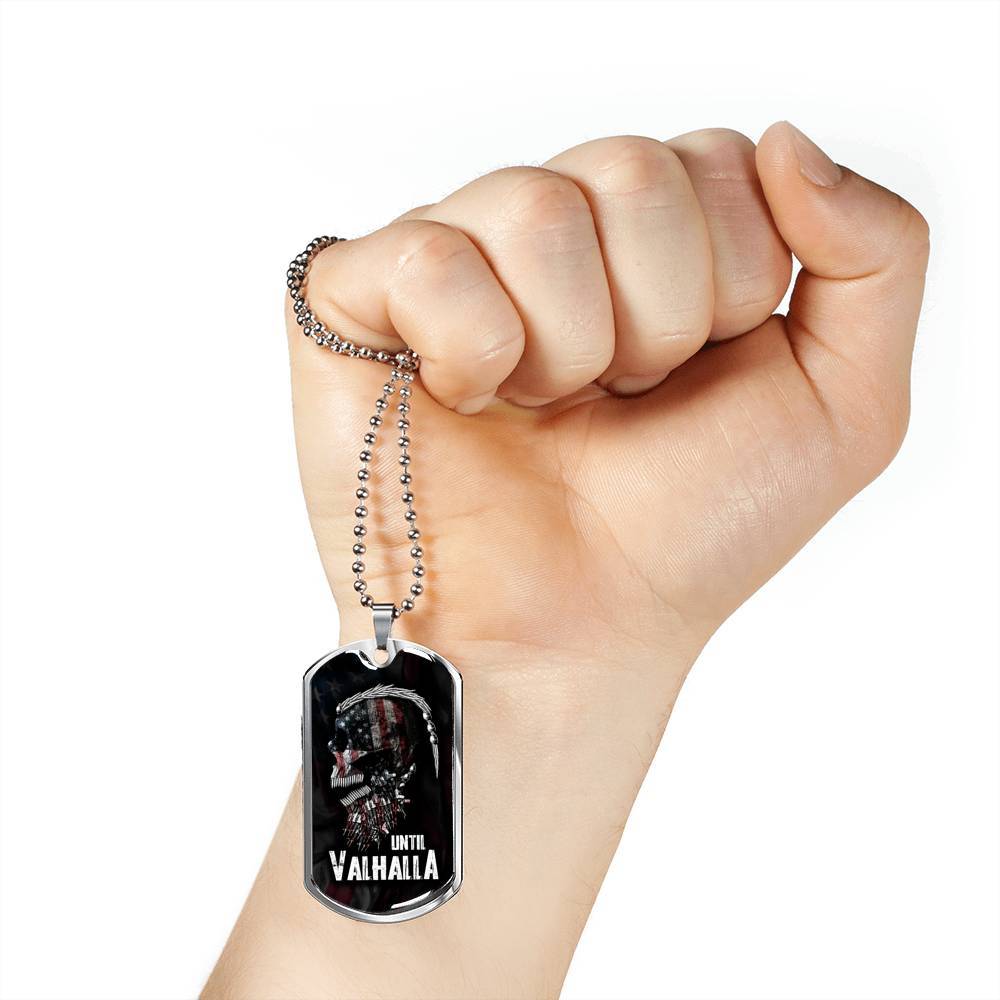Until Valhalla Viking Dog Tag Pendant Necklace - Skull American Flag Pendant Necklace - Norse Viking Necklace - Dog Tag (Silver)