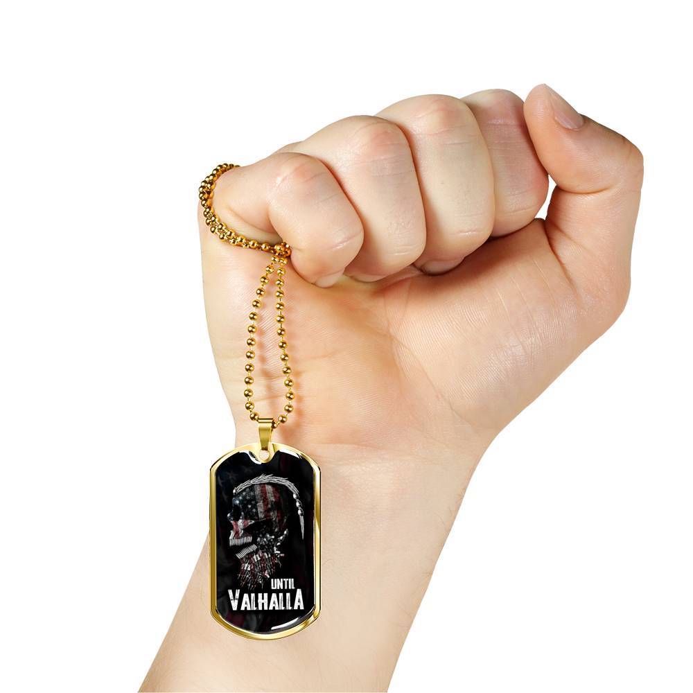 Until Valhalla Viking Dog Tag Pendant Necklace - Skull American Flag Pendant Necklace - Norse Viking Necklace - Dog Tag (Gold Plated)