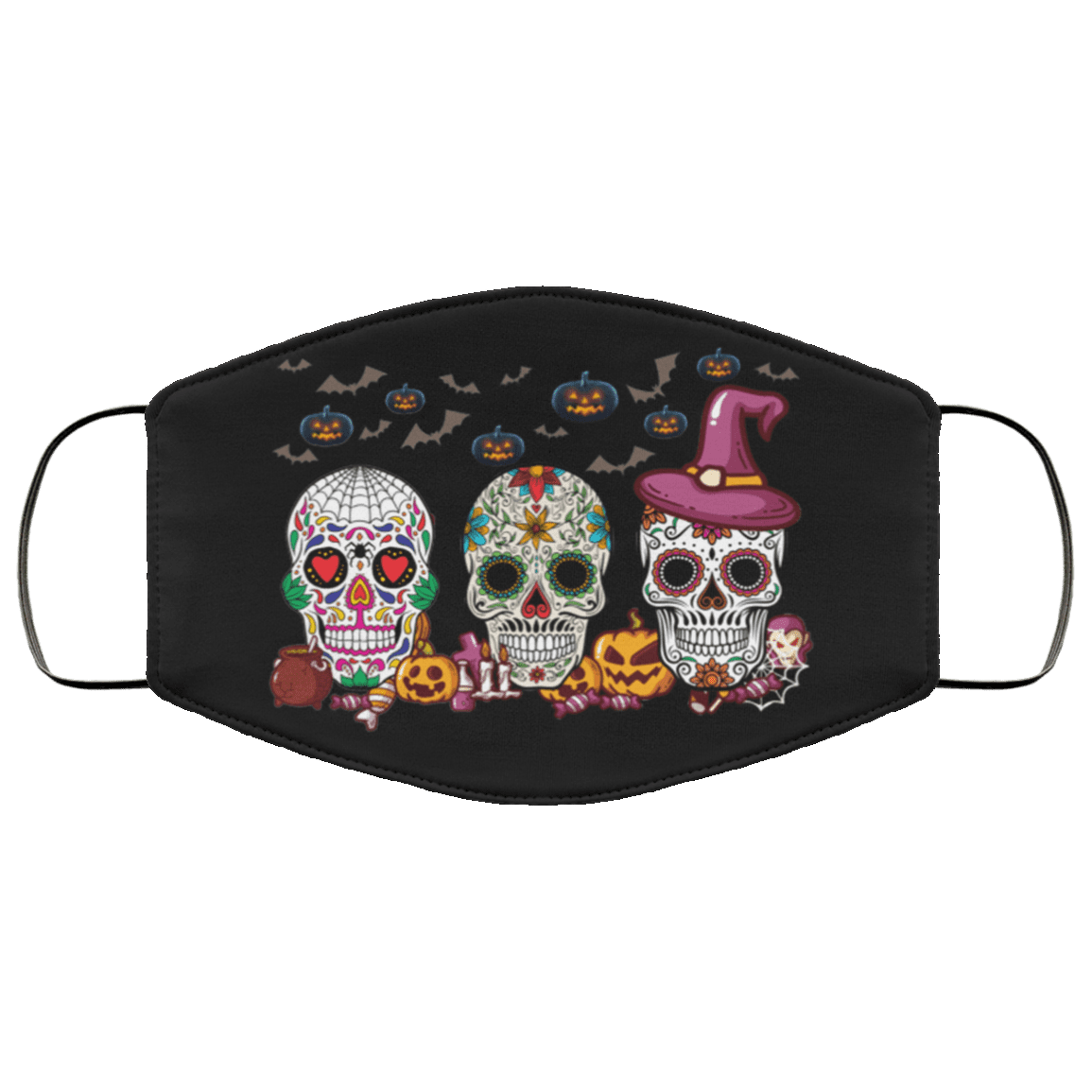 Halloween Sugar Skulls Washable Reusable Custom Printed Cloth Face Mask Cover, Black, Cloth Face Cover