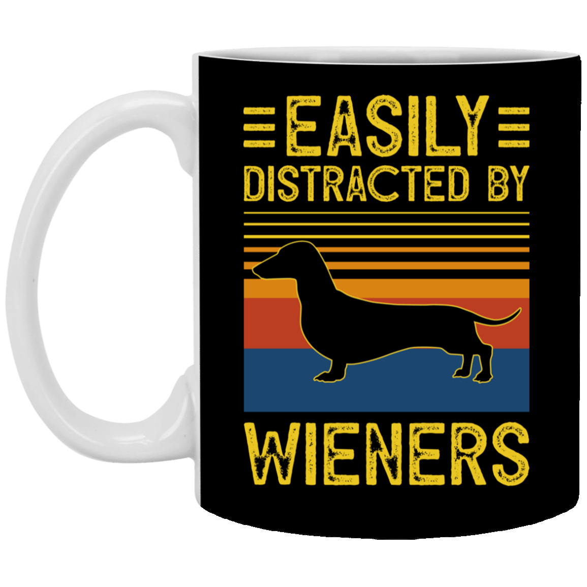 Easily Distracted by Wieners Vintage Retro Ceramic Coffee Mug - Beer Stein - Water Bottle, Black, 11 oz. White Mug